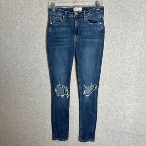 Free People Mid Rise Skinny Destroyed Dark Blue Stretch Denim Jeans Women 30